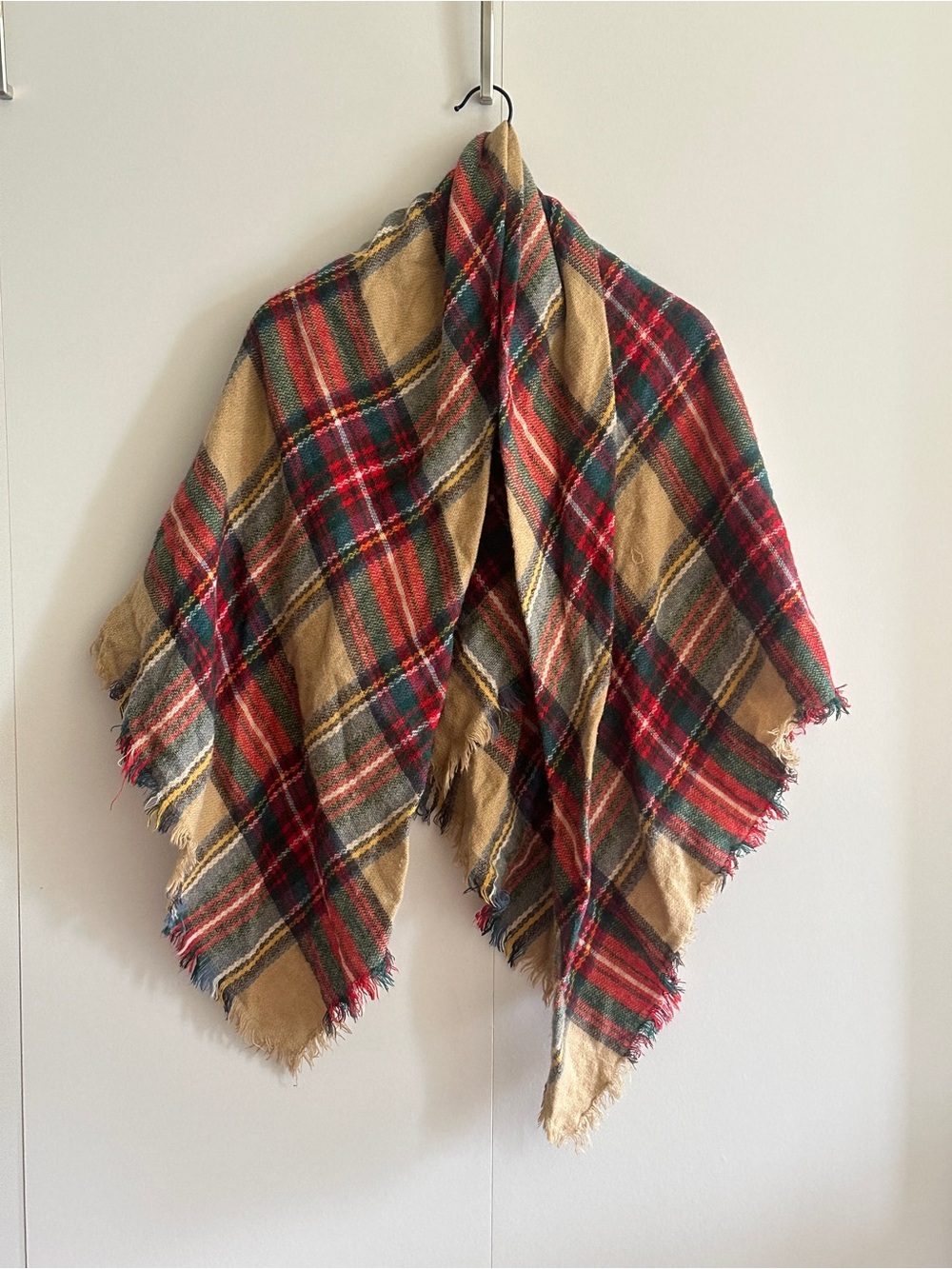 Large Square Plaid Fringe Blanket Scarf